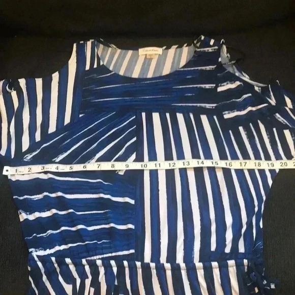 NWT CALVIN KLEIN Royal Blue & White Drawstring Waist Cold Shoulder Dress- Size 6 - Picture 11 of 13